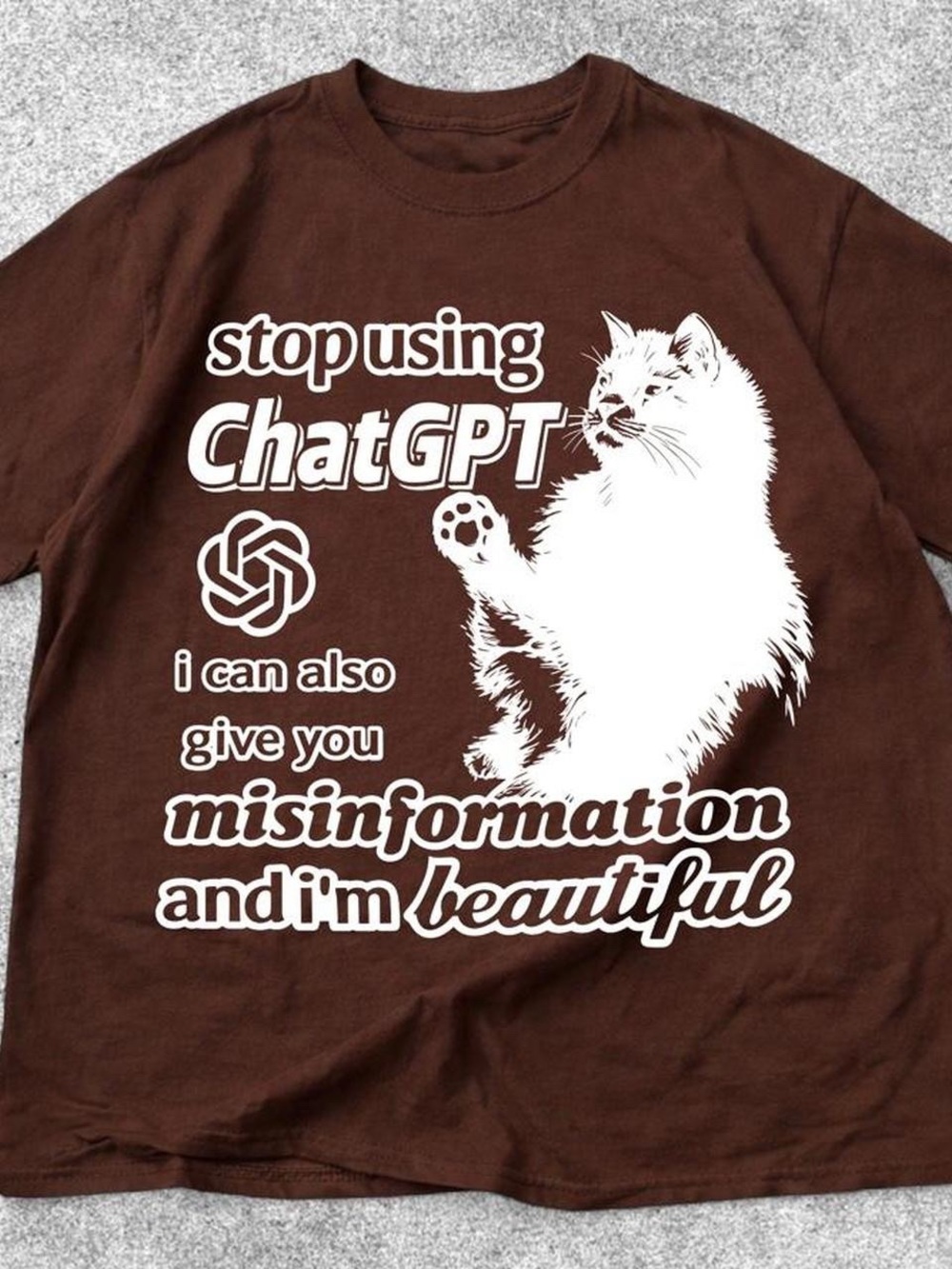 Gildan Brown Tee with White Cat & ChatGPT Slogan